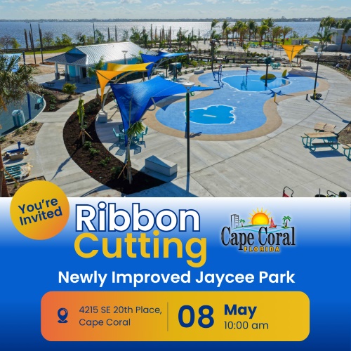 Flyer for Jaycee Park Ribbon Cutting on May 8th at 10am